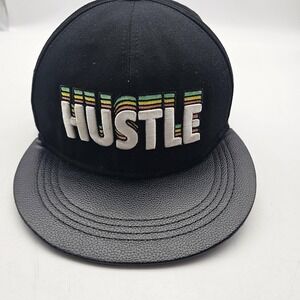 Hustle Hat Cap Snap Back Mens One Size Black Faux Leather Flatbill Quote